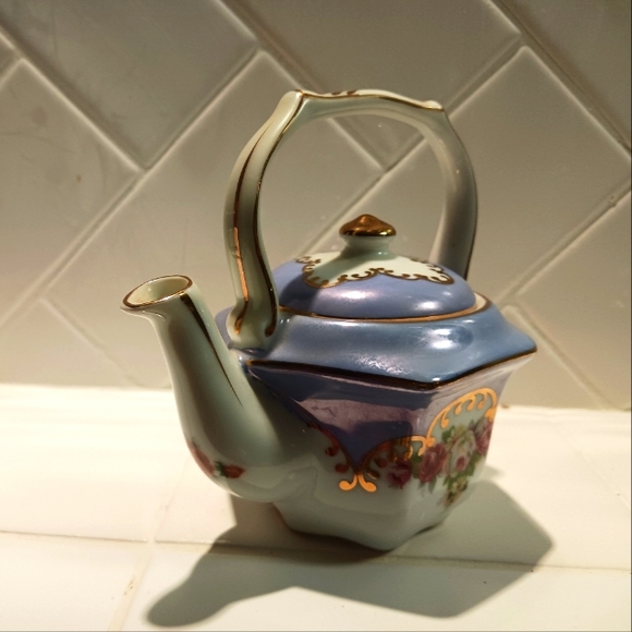 Kaldun & Bogle Flowered Blue Teapot, Roses With Gold Trim, 5 Inch - Picture 2 of 4